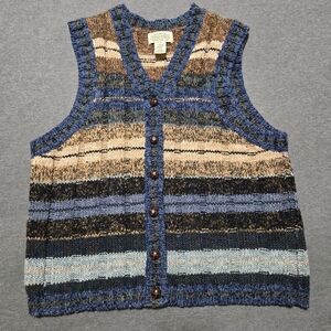 Vintage Sweater Vest Womens Size Large St. John's Bay Blue Brown Striped Buttons